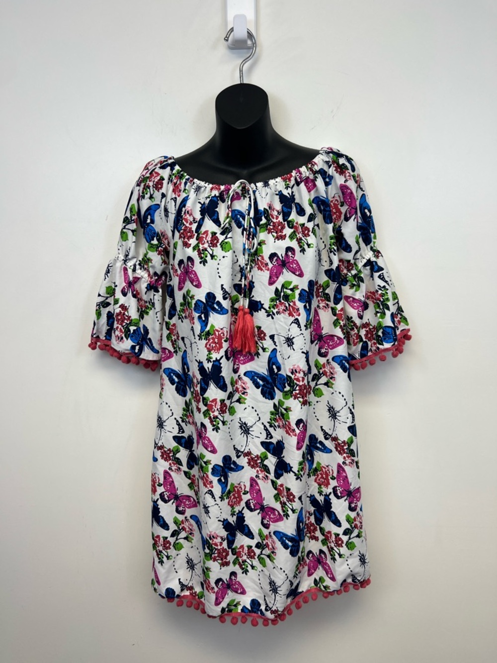 America & Beyond Floral Butterfly Off-Shoulder Dress Pink Pom Pom Trim Size S